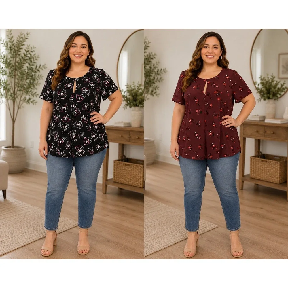 Attention Plus Size 1X Blouse Bundle Black & Burgundy Floral Keyhole Sleeve Tops